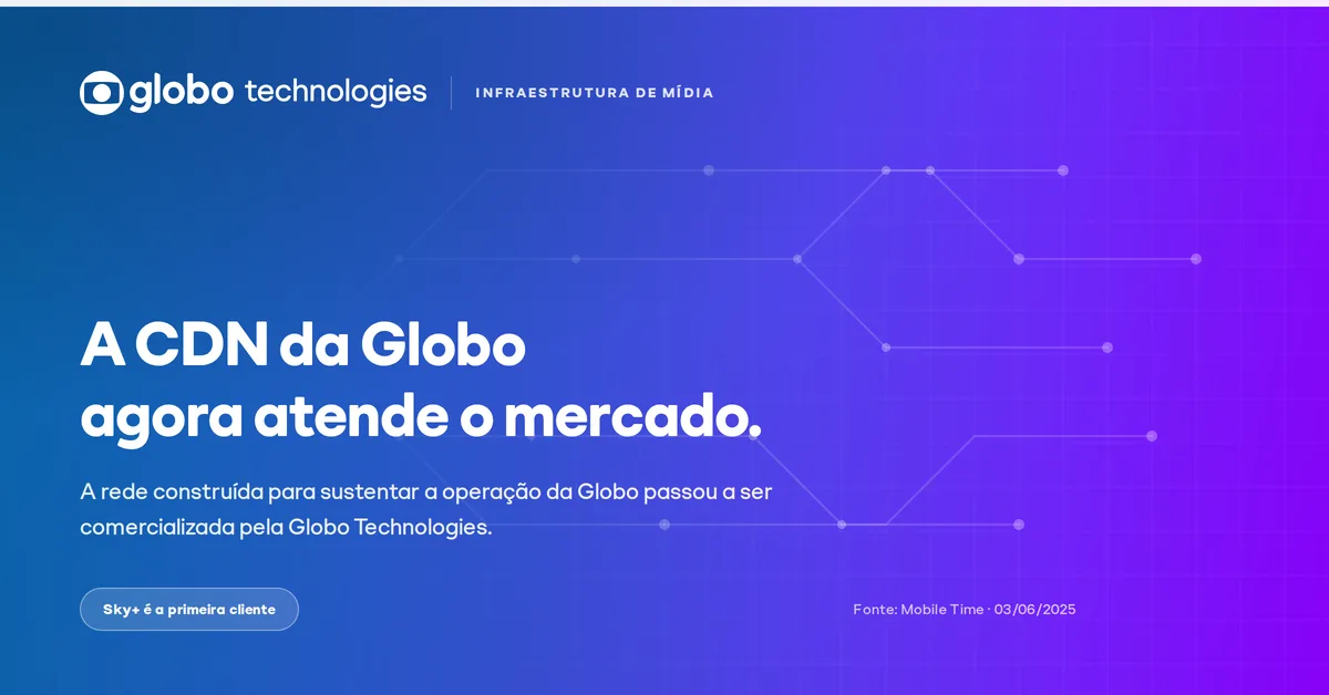Peça gráfica da Globo Technologies com o título “A CDN da Globo agora atende o mercado” sobre uma malha de rotas de rede, indicando a Sky+ como primeira cliente.